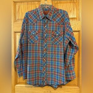 Vtg Rustler X Long Tails Western Pearl Snap Shirt Men’s XL 17 1/2 Blue Red Plaid